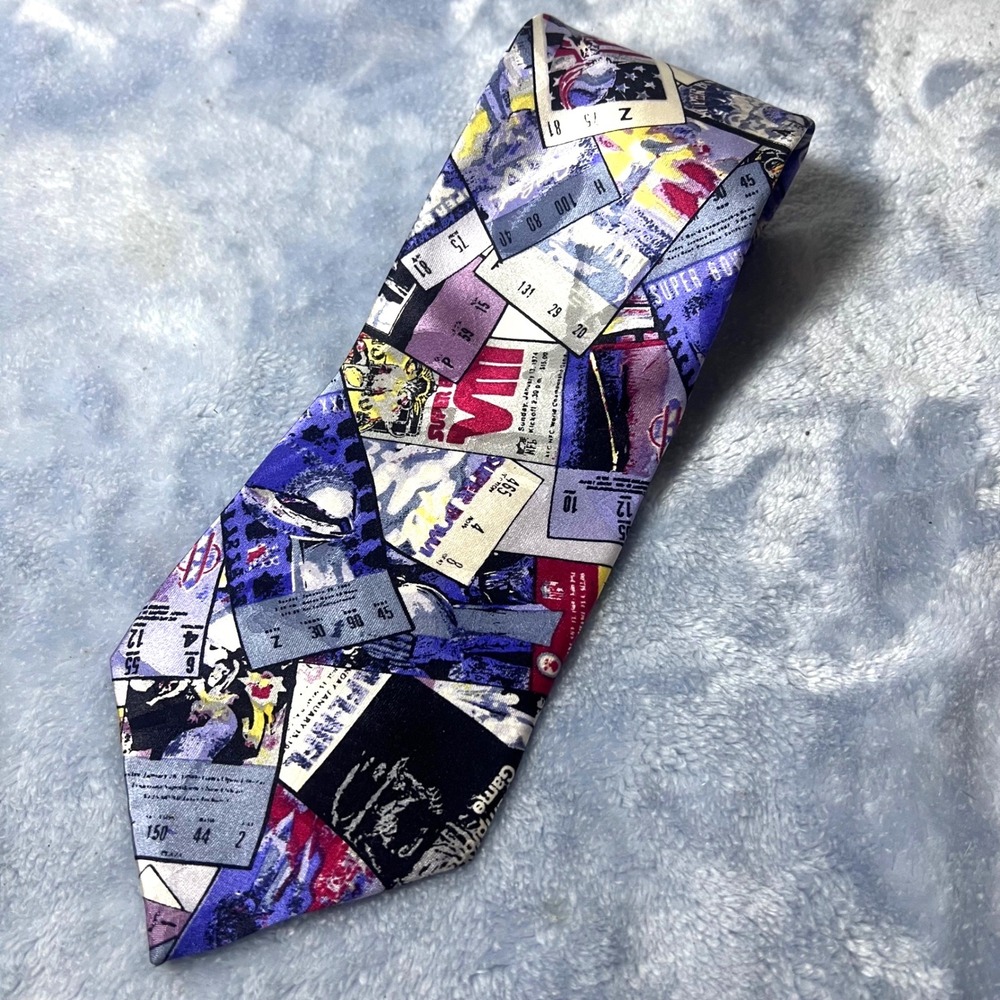 Team NFL Football Super Bowl Ticket Collage Silk Mens Tie 55 x 4 Blue Red Black